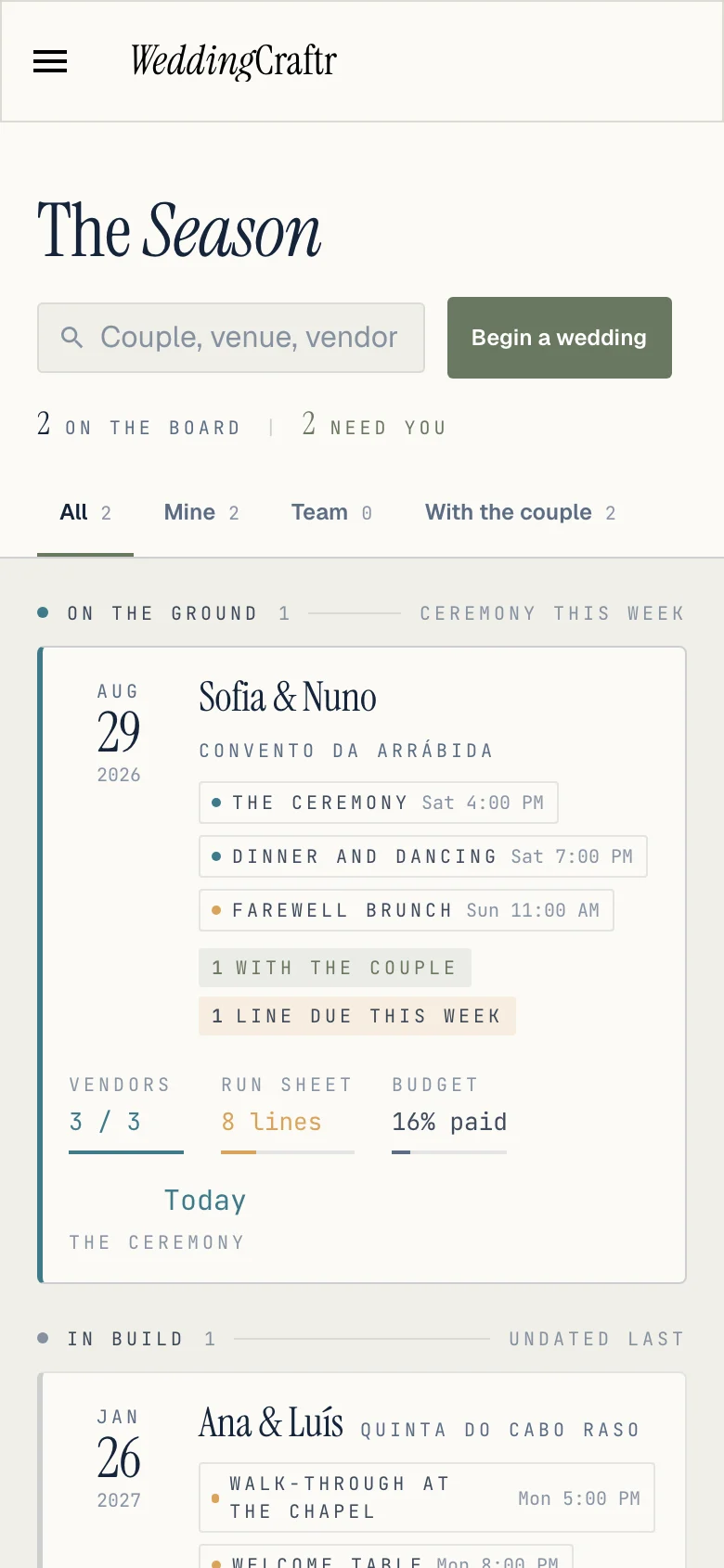 The WeddingCraftr season board on a phone: two weddings, the one happening today on top with its ceremony, dinner and brunch, what is due this week and what is sitting with the couple.
